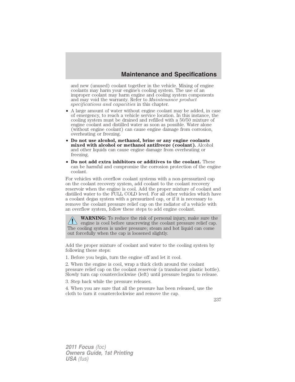 Maintenance and specifications | FORD 2011 Focus v.1 User Manual | Page 237 / 301