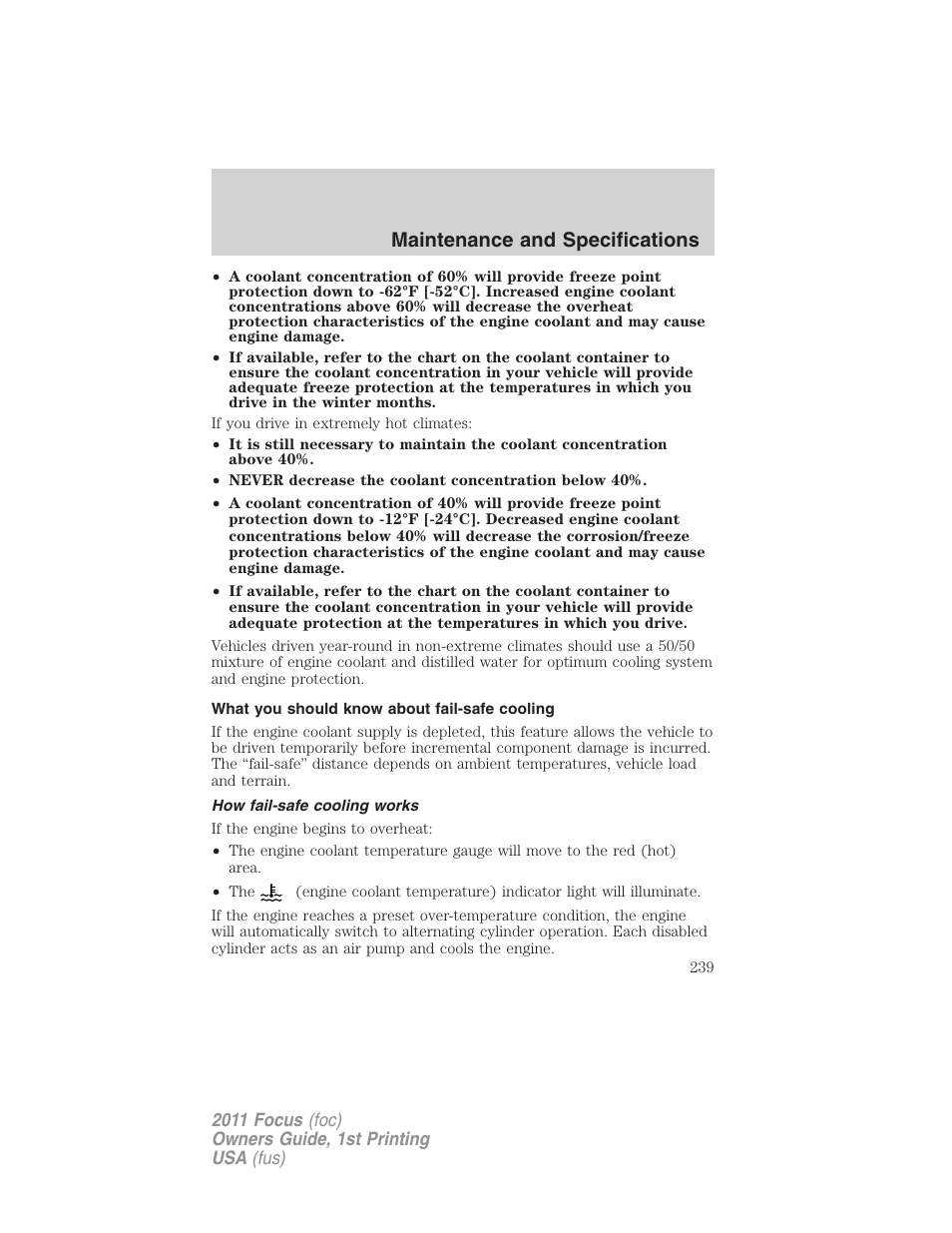 What you should know about fail-safe cooling, How fail-safe cooling works, Maintenance and specifications | FORD 2011 Focus v.1 User Manual | Page 239 / 301