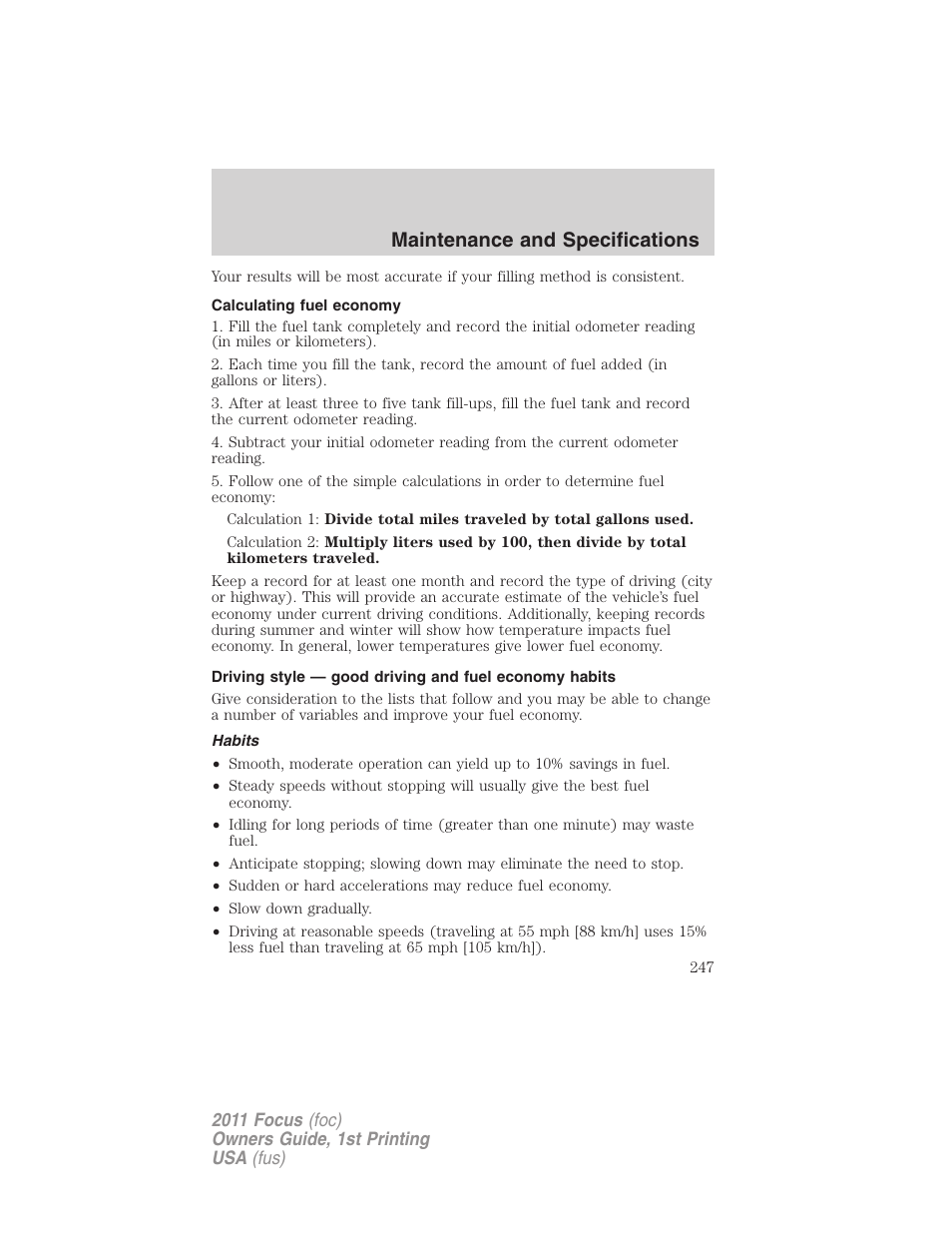 Calculating fuel economy, Habits, Maintenance and specifications | FORD 2011 Focus v.1 User Manual | Page 247 / 301