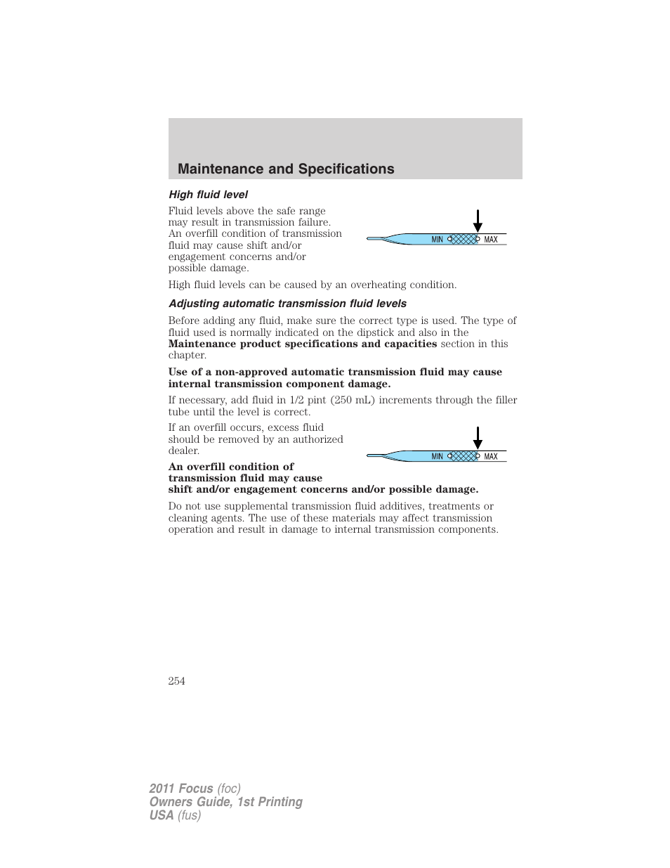 High fluid level, Adjusting automatic transmission fluid levels, Maintenance and specifications | FORD 2011 Focus v.1 User Manual | Page 254 / 301