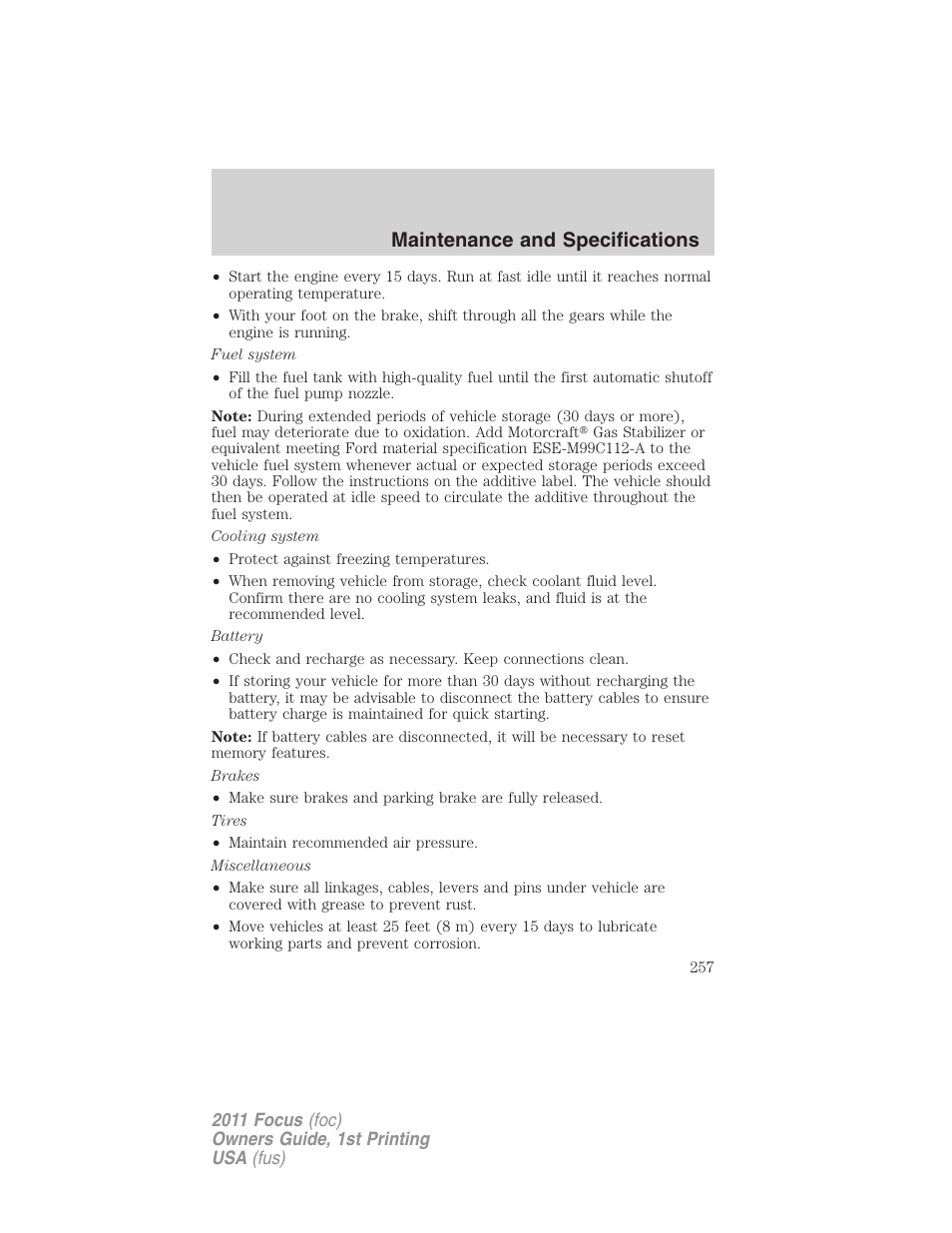 Maintenance and specifications | FORD 2011 Focus v.1 User Manual | Page 257 / 301