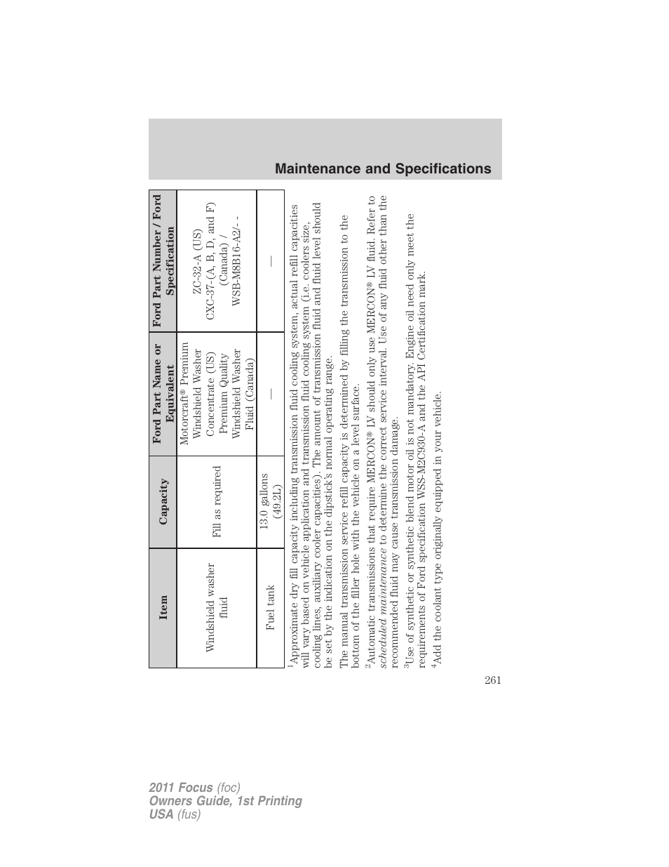 Maintenance and specifications | FORD 2011 Focus v.1 User Manual | Page 261 / 301