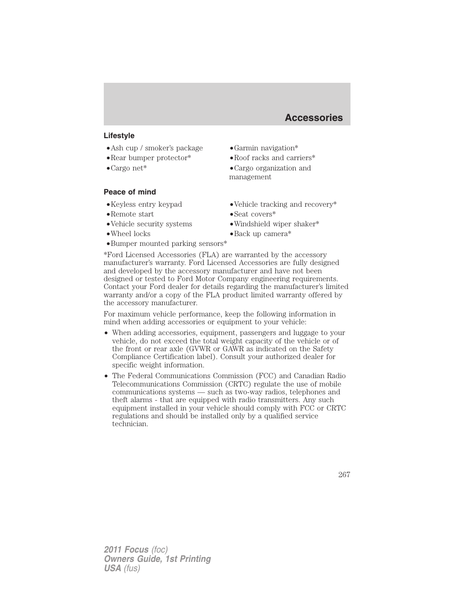 Lifestyle, Peace of mind, Accessories | FORD 2011 Focus v.1 User Manual | Page 267 / 301