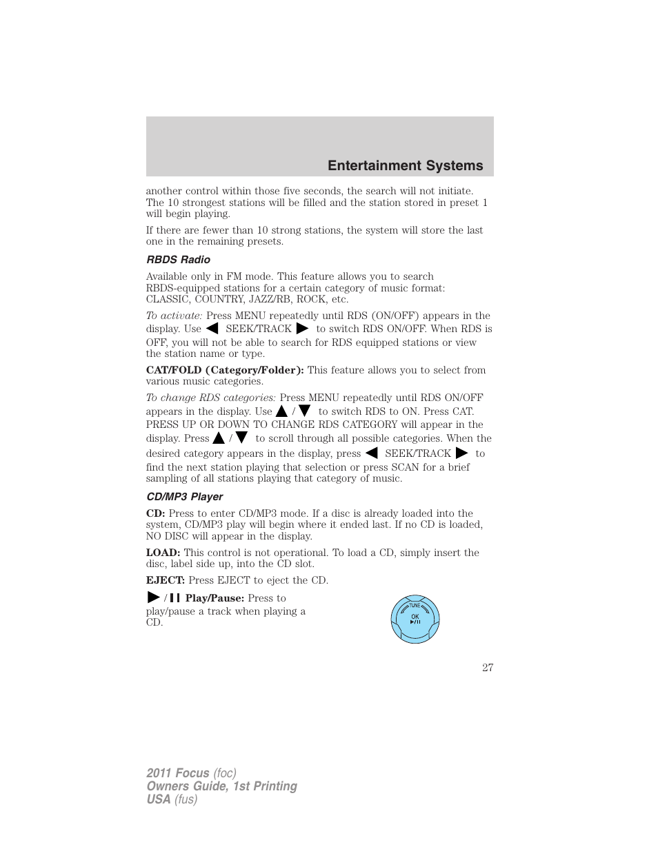 Rbds radio, Cd/mp3 player, Entertainment systems | FORD 2011 Focus v.1 User Manual | Page 27 / 301