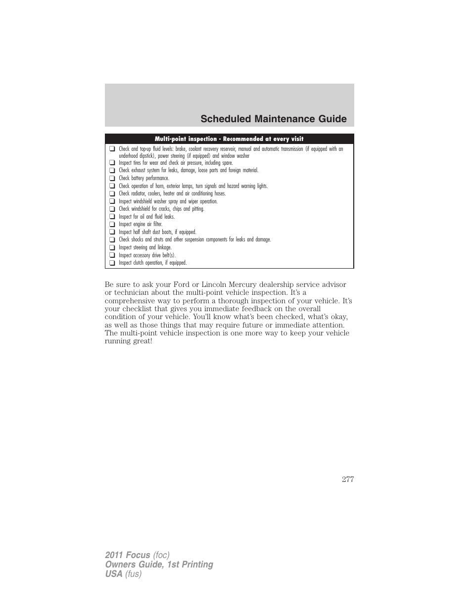 Scheduled maintenance guide | FORD 2011 Focus v.1 User Manual | Page 277 / 301