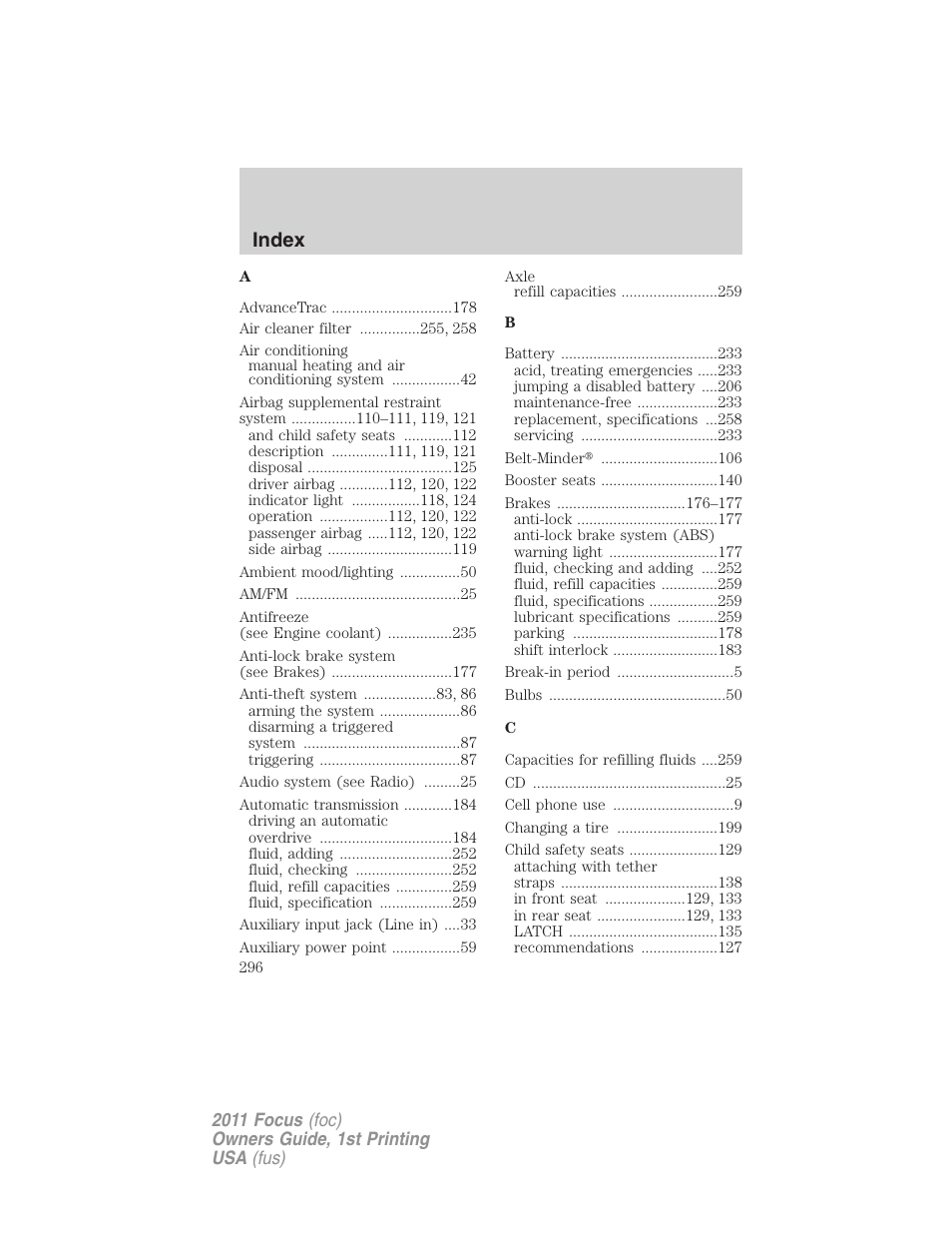 Index | FORD 2011 Focus v.1 User Manual | Page 296 / 301