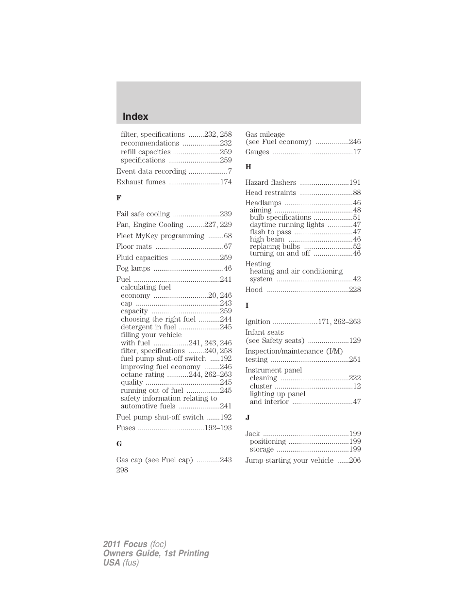 Index | FORD 2011 Focus v.1 User Manual | Page 298 / 301