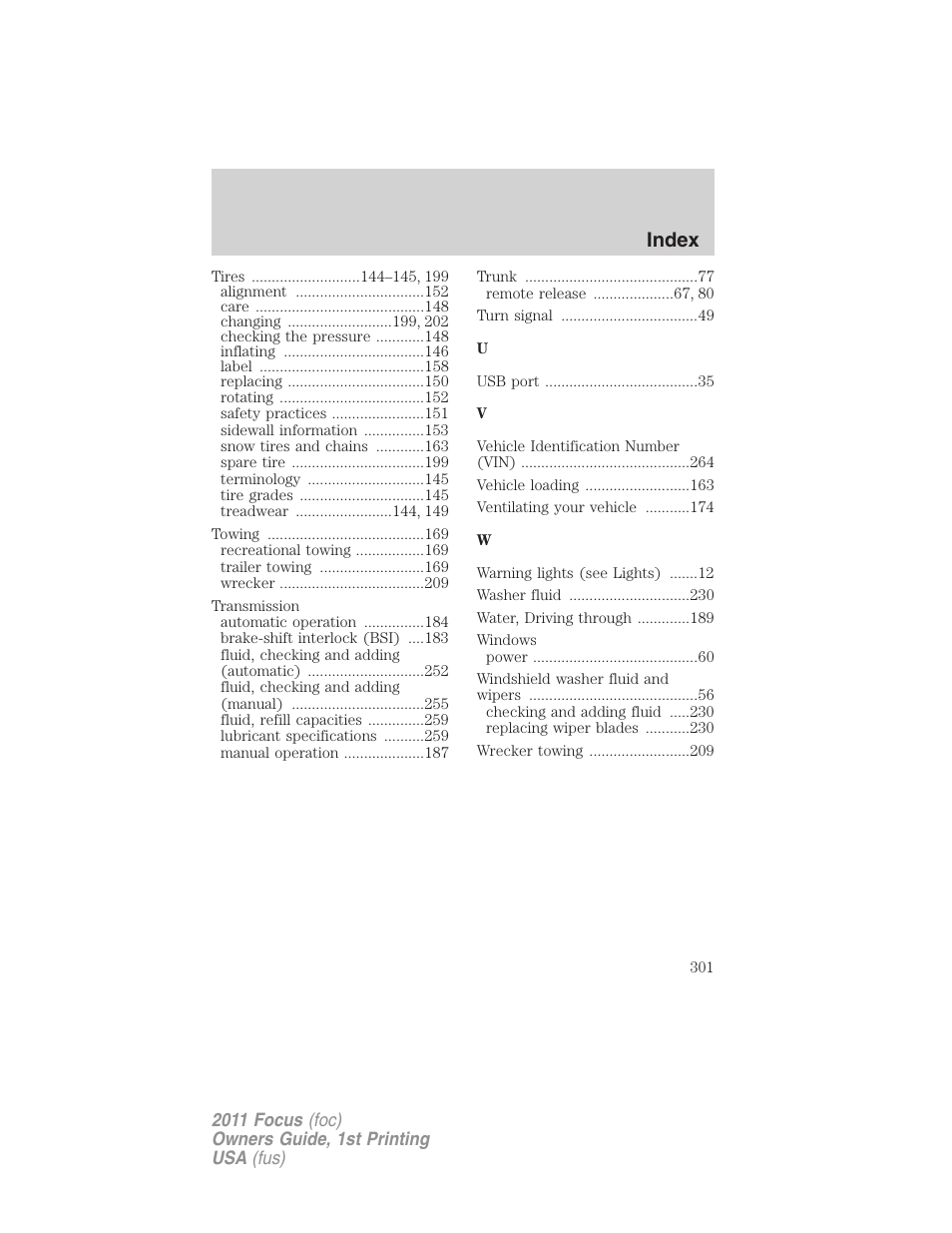 Index | FORD 2011 Focus v.1 User Manual | Page 301 / 301