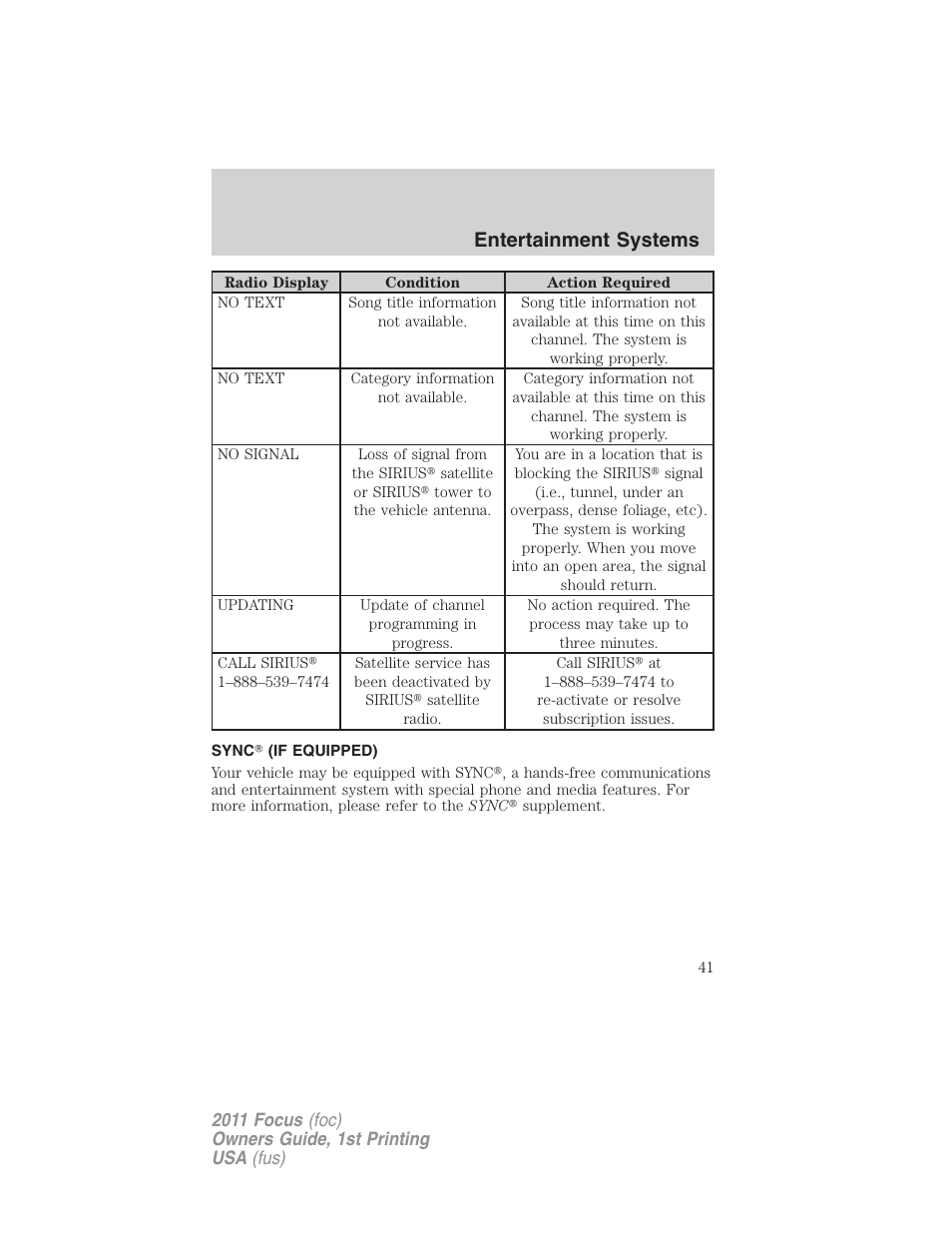 Sync (if equipped), Sync, Entertainment systems | FORD 2011 Focus v.1 User Manual | Page 41 / 301