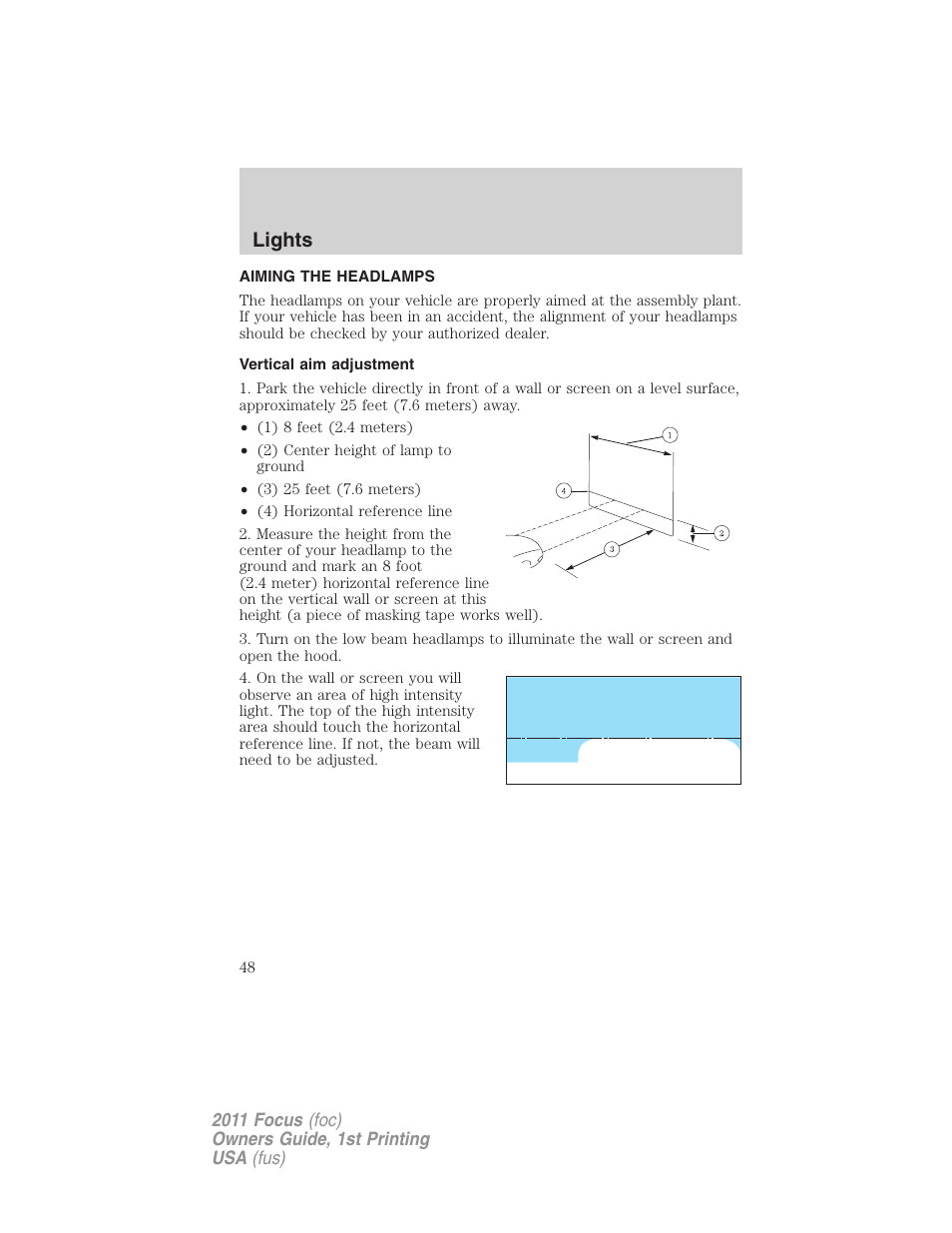 Aiming the headlamps, Vertical aim adjustment, Lights | FORD 2011 Focus v.1 User Manual | Page 48 / 301