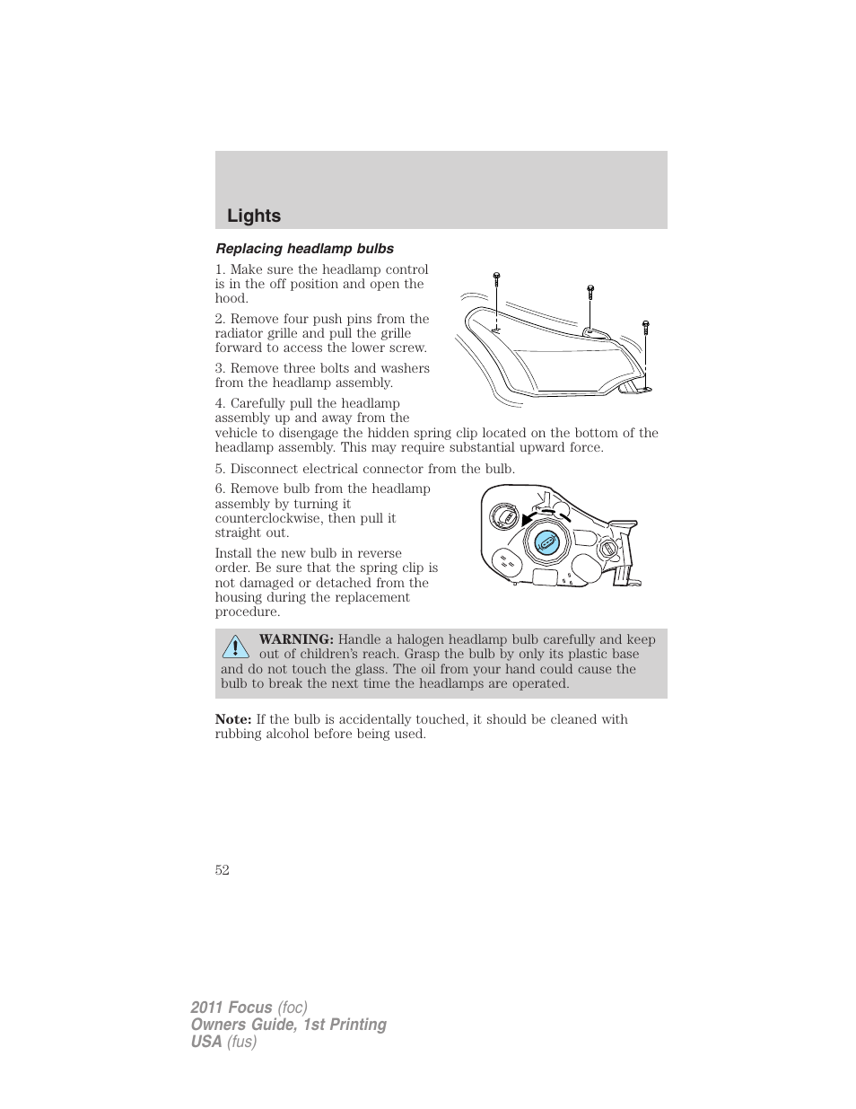 Replacing headlamp bulbs, Lights | FORD 2011 Focus v.1 User Manual | Page 52 / 301
