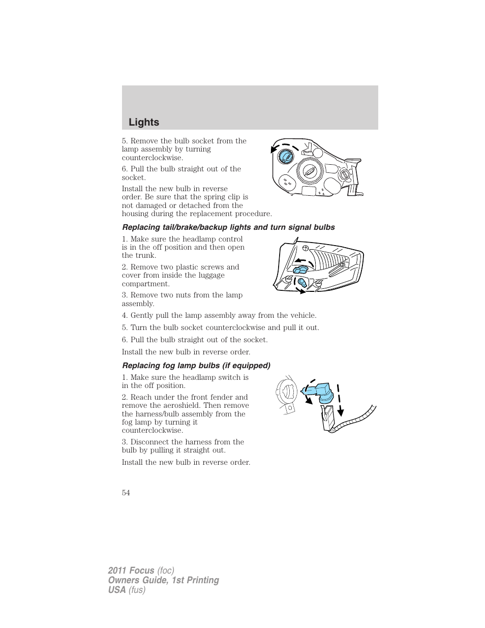 Replacing fog lamp bulbs (if equipped), Lights | FORD 2011 Focus v.1 User Manual | Page 54 / 301