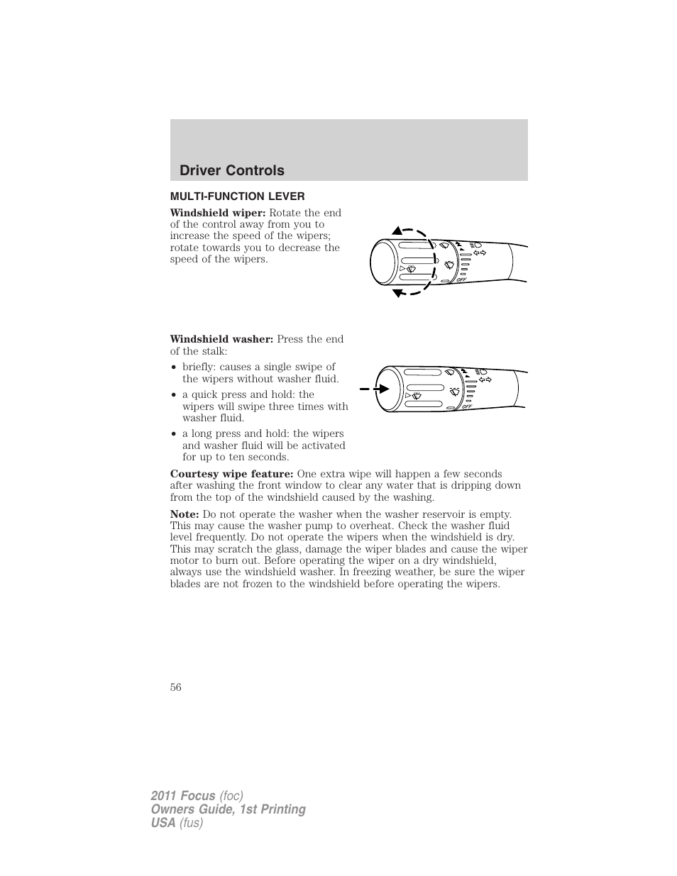 Driver controls, Multi-function lever, Windshield wiper/washer control | FORD 2011 Focus v.1 User Manual | Page 56 / 301