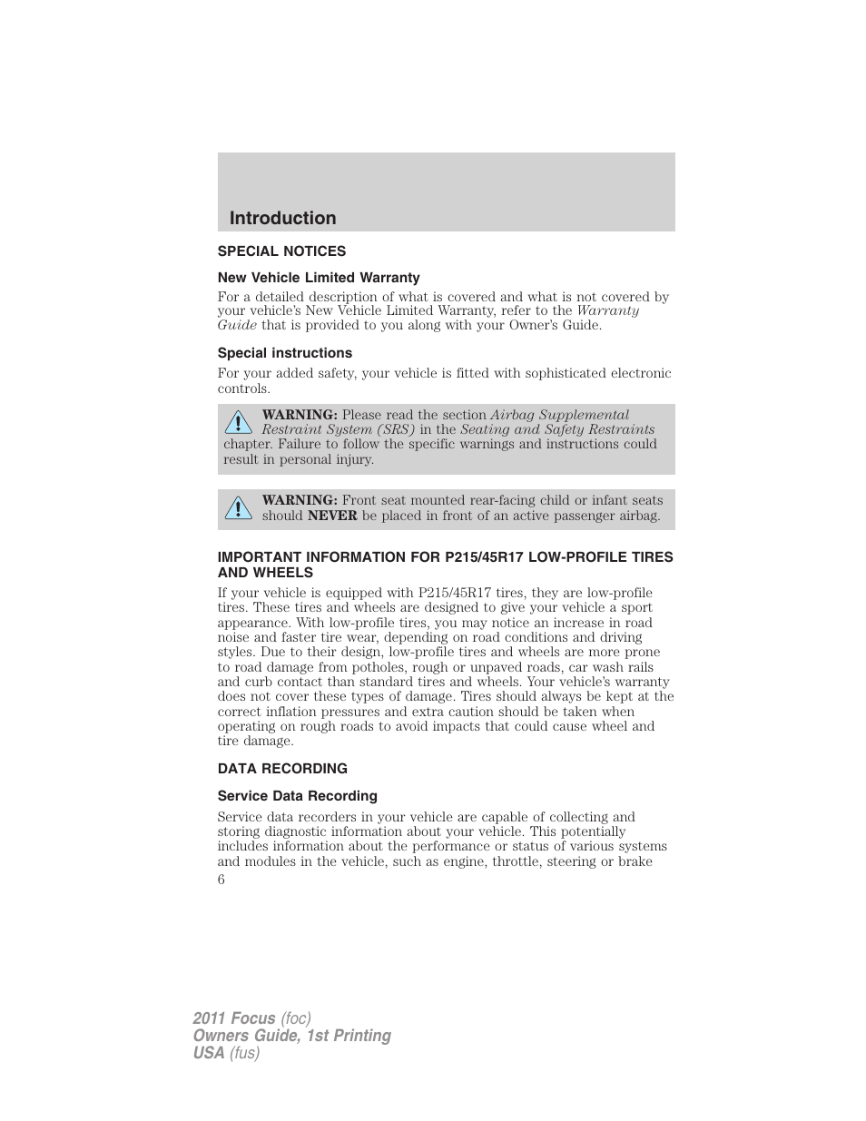 Special notices, New vehicle limited warranty, Special instructions | Data recording, Service data recording, Introduction | FORD 2011 Focus v.1 User Manual | Page 6 / 301