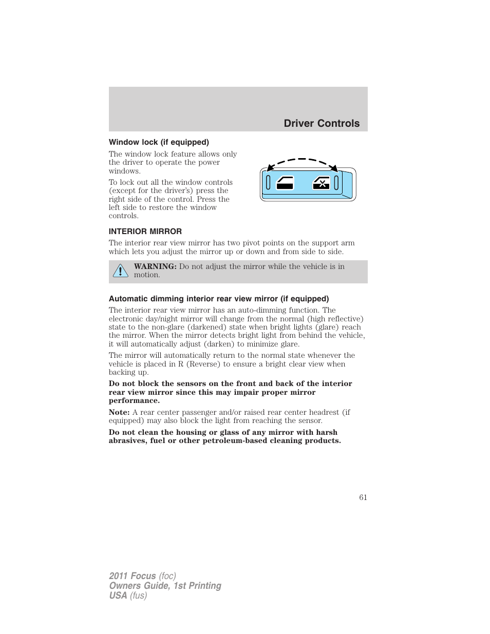 Window lock (if equipped), Interior mirror, Mirrors | Driver controls | FORD 2011 Focus v.1 User Manual | Page 61 / 301
