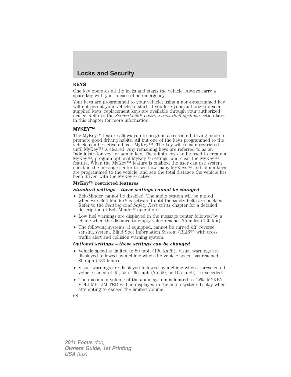Locks and security, Keys, Mykey | FORD 2011 Focus v.1 User Manual | Page 68 / 301