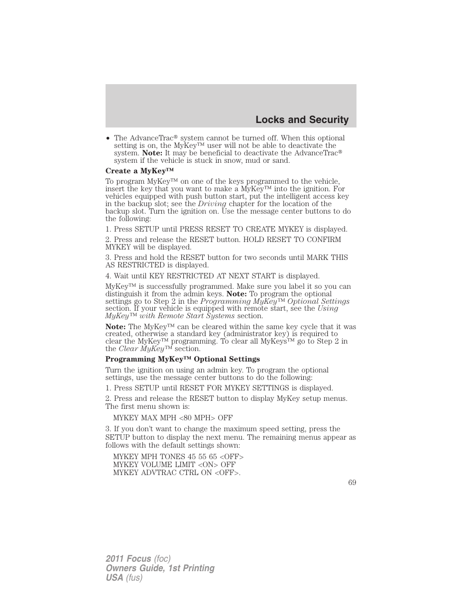 Locks and security | FORD 2011 Focus v.1 User Manual | Page 69 / 301