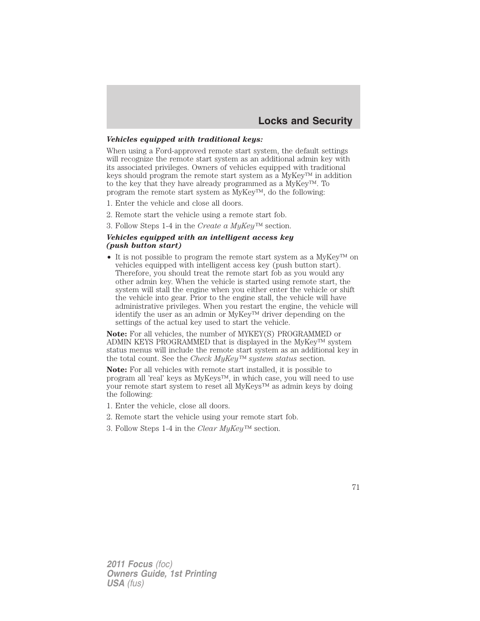 Locks and security | FORD 2011 Focus v.1 User Manual | Page 71 / 301