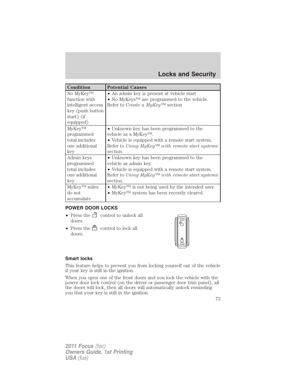 Power door locks, Smart locks, Locks | Locks and security | FORD 2011 Focus v.1 User Manual | Page 73 / 301