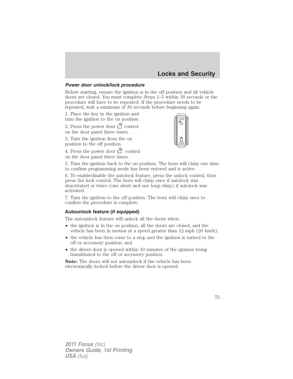 Power door unlock/lock procedure, Autounlock feature (if equipped), Locks and security | FORD 2011 Focus v.1 User Manual | Page 75 / 301