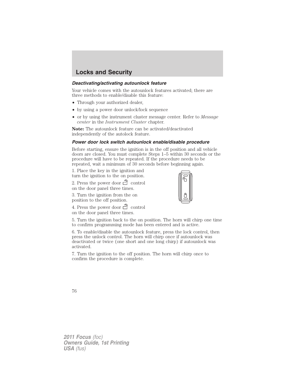 Deactivating/activating autounlock feature, Locks and security | FORD 2011 Focus v.1 User Manual | Page 76 / 301