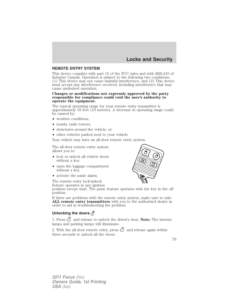 Remote entry system, Unlocking the doors, Locks and security | FORD 2011 Focus v.1 User Manual | Page 79 / 301