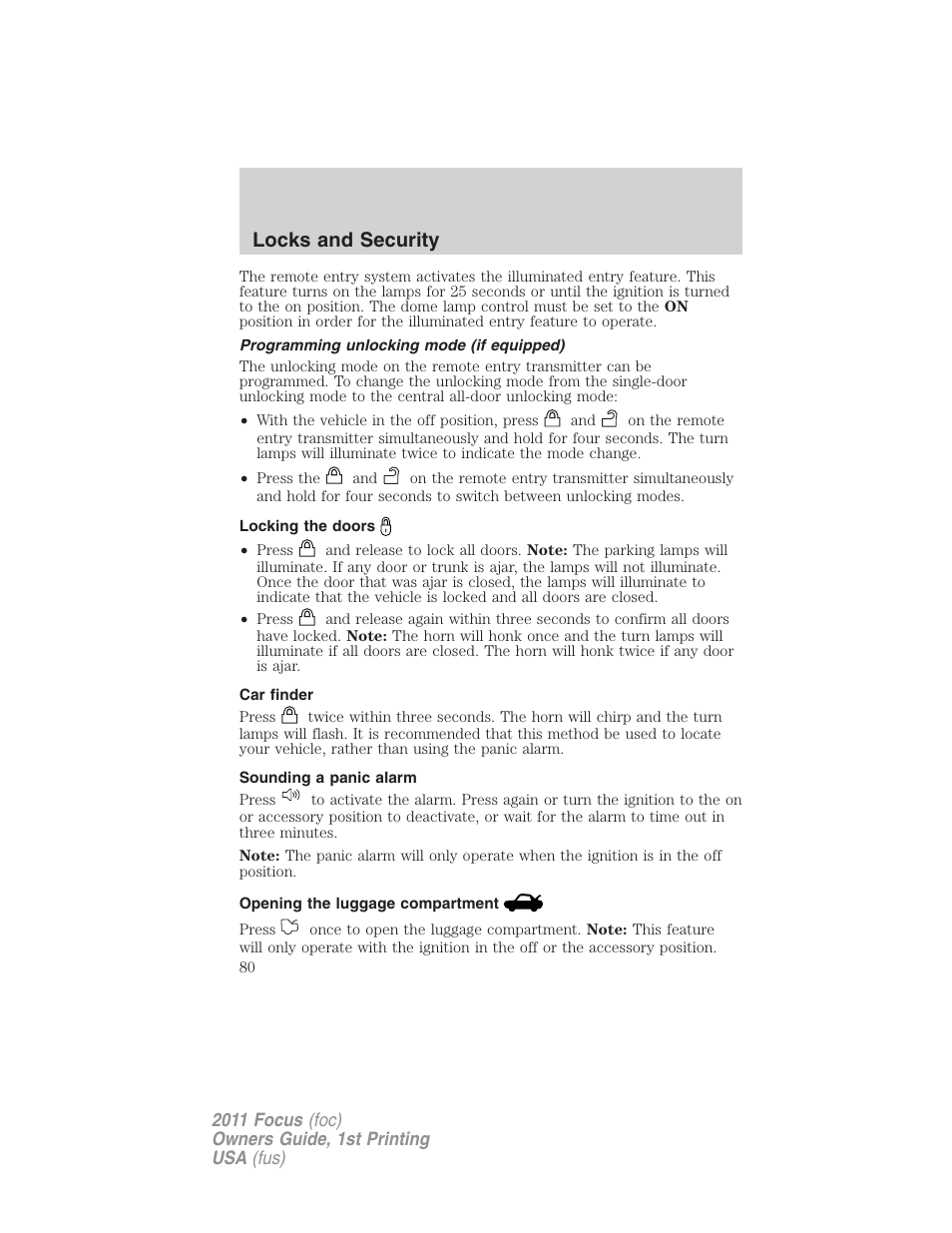Programming unlocking mode (if equipped), Locking the doors, Car finder | Sounding a panic alarm, Opening the luggage compartment, Locks and security | FORD 2011 Focus v.1 User Manual | Page 80 / 301