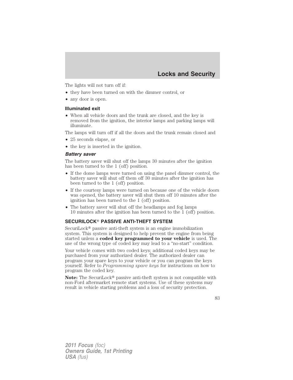 Illuminated exit, Battery saver, Securilock passive anti-theft system | Anti-theft system, Locks and security | FORD 2011 Focus v.1 User Manual | Page 83 / 301