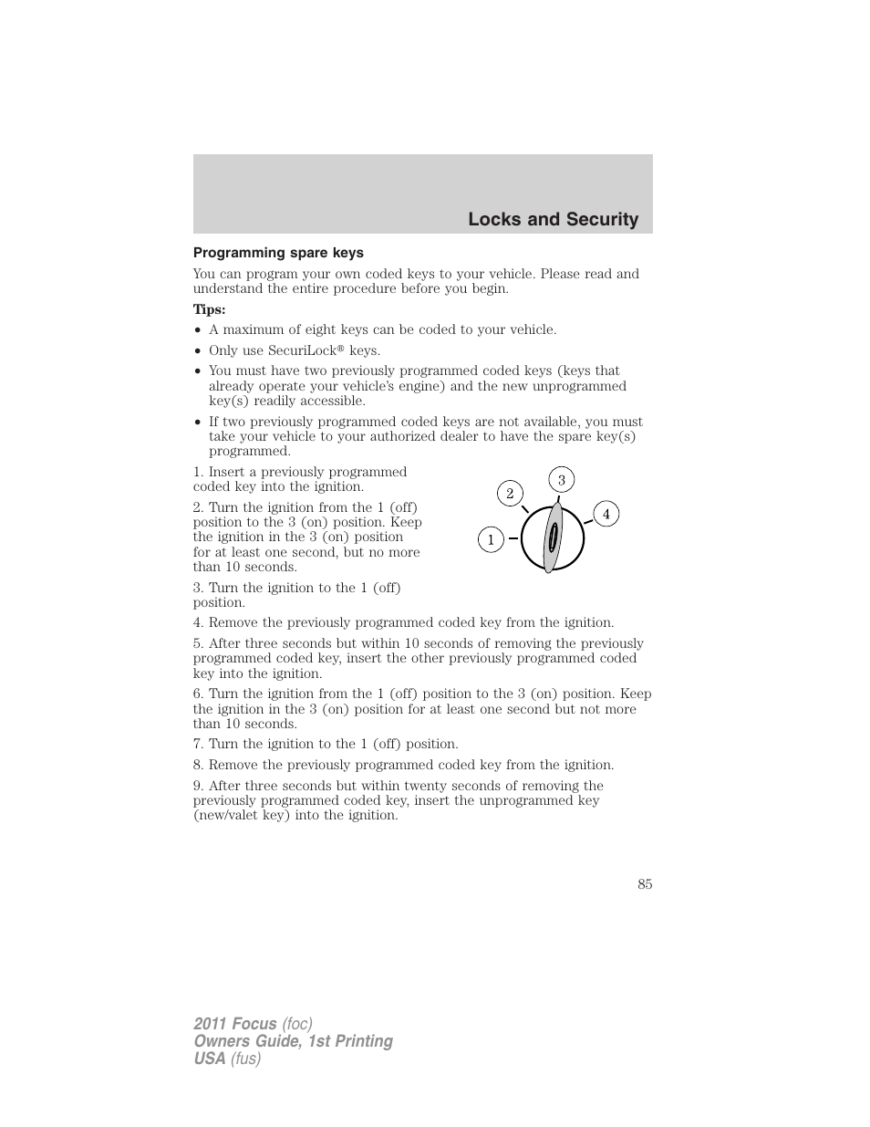 Programming spare keys, Locks and security | FORD 2011 Focus v.1 User Manual | Page 85 / 301