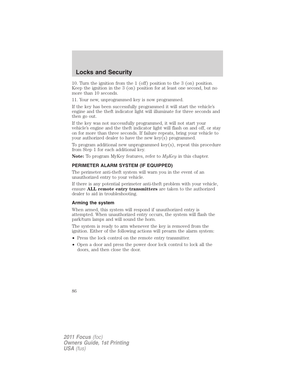 Perimeter alarm system (if equipped), Arming the system, Locks and security | FORD 2011 Focus v.1 User Manual | Page 86 / 301