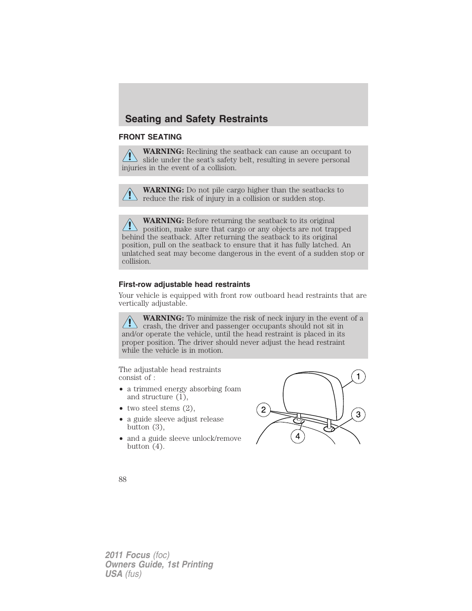 Seating and safety restraints, Front seating, First-row adjustable head restraints | Seating | FORD 2011 Focus v.1 User Manual | Page 88 / 301