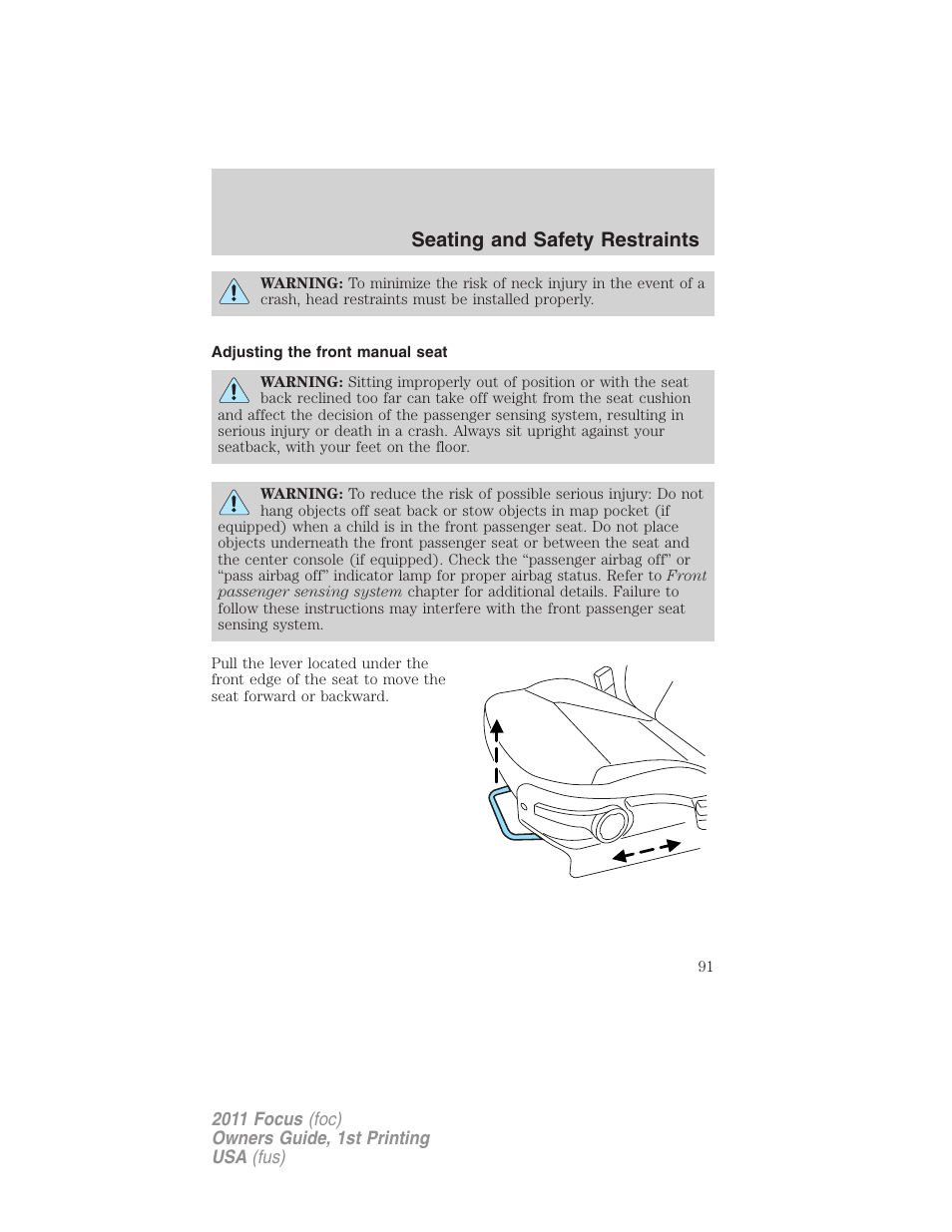 Adjusting the front manual seat, Seating and safety restraints | FORD 2011 Focus v.1 User Manual | Page 91 / 301