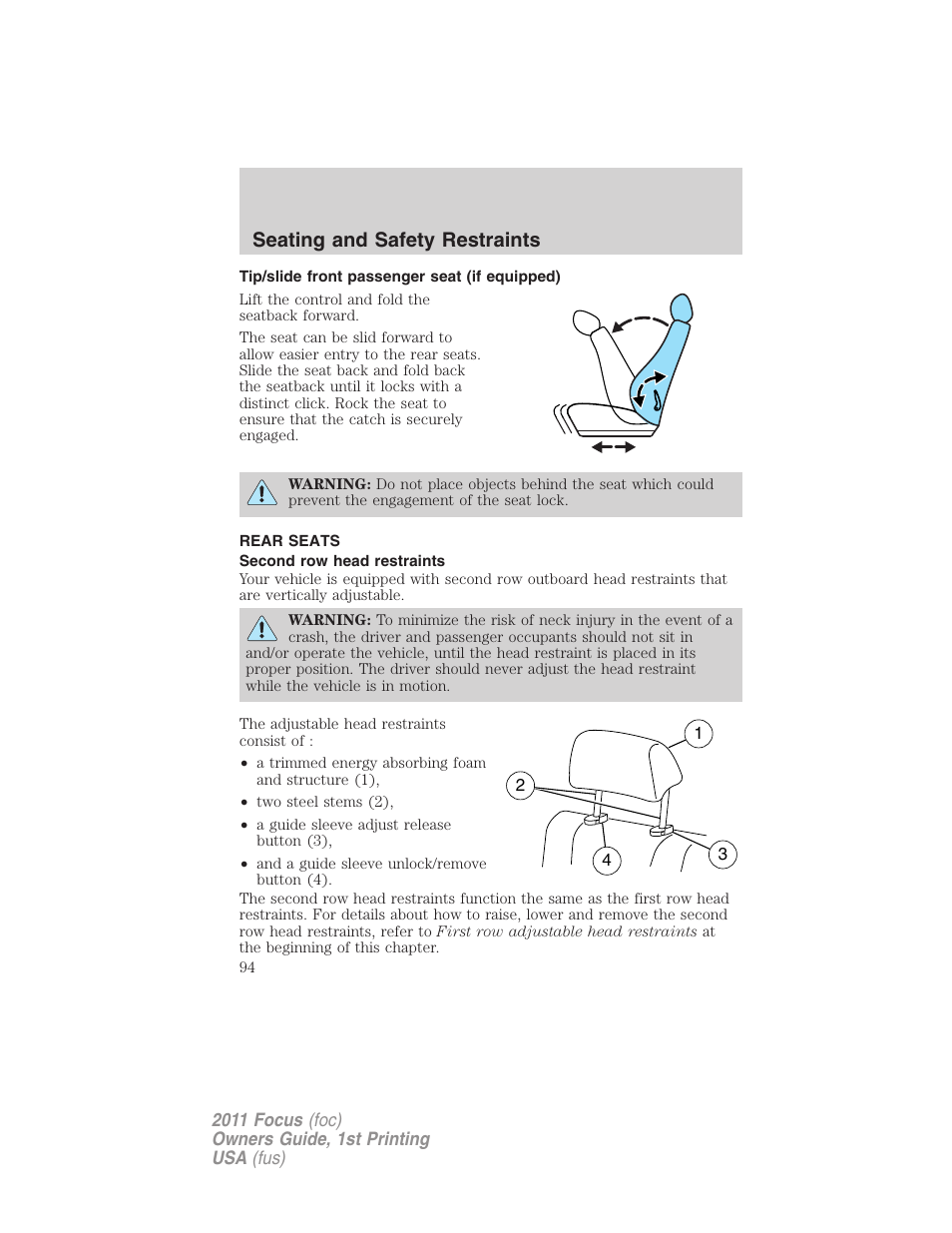 Tip/slide front passenger seat (if equipped), Rear seats, Second row head restraints | Seating and safety restraints | FORD 2011 Focus v.1 User Manual | Page 94 / 301
