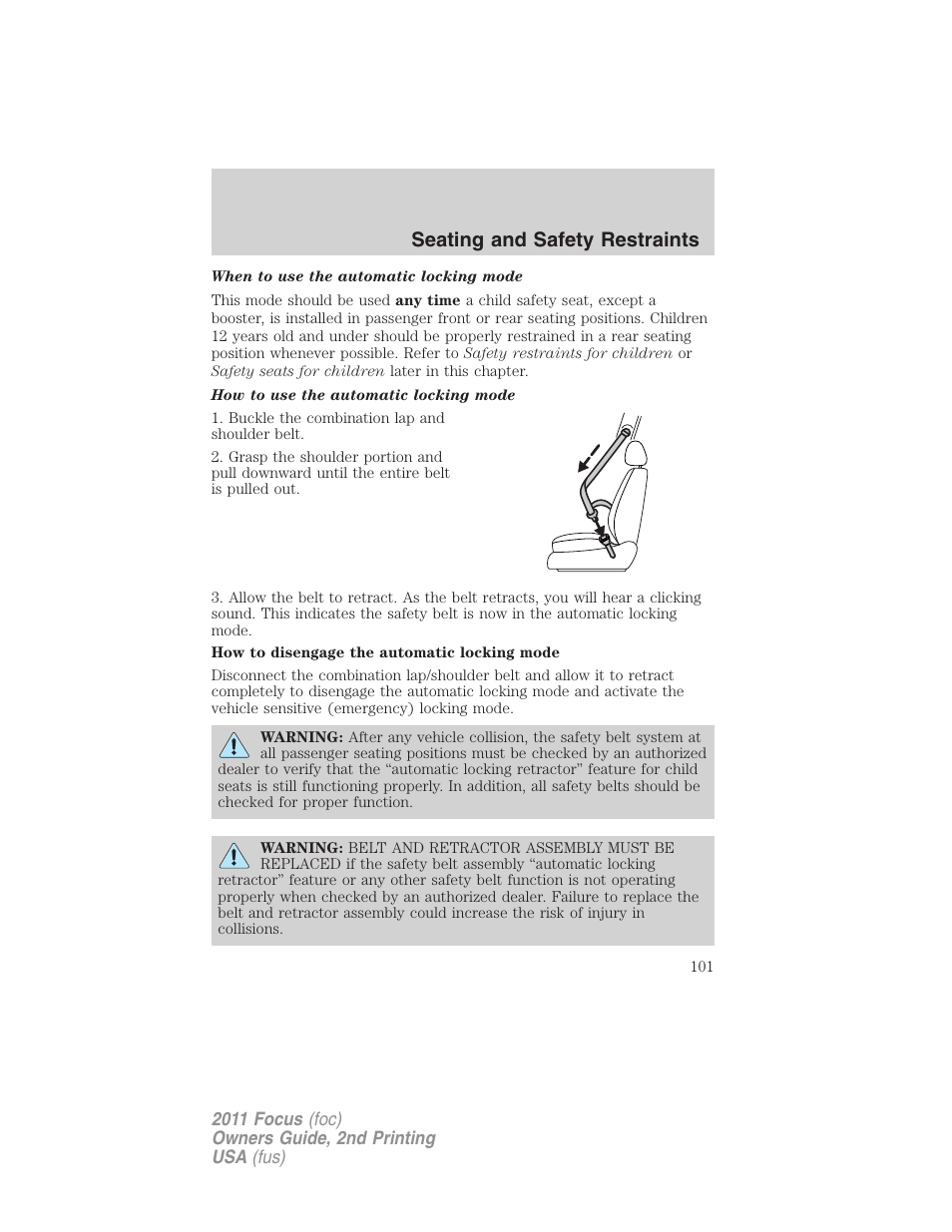 Seating and safety restraints | FORD 2011 Focus v.2 User Manual | Page 101 / 301