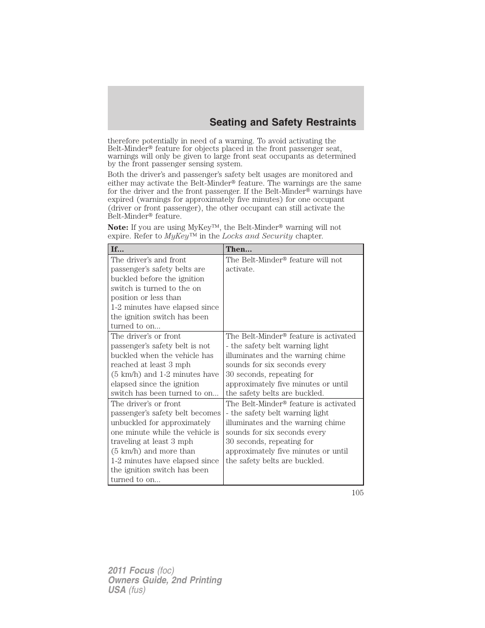 Seating and safety restraints | FORD 2011 Focus v.2 User Manual | Page 105 / 301