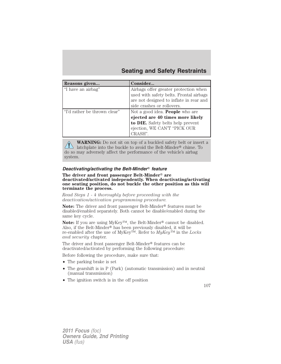 Deactivating/activating the belt-minder feature, Seating and safety restraints | FORD 2011 Focus v.2 User Manual | Page 107 / 301