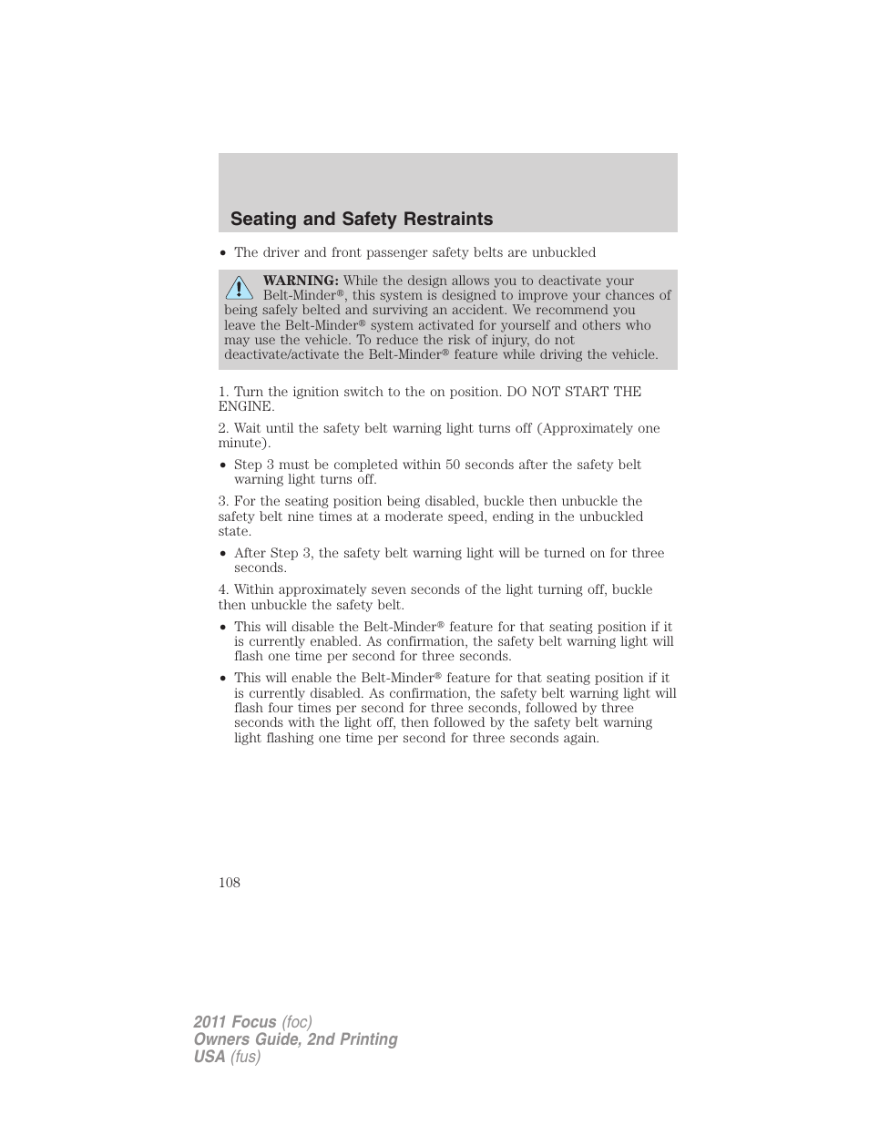 Seating and safety restraints | FORD 2011 Focus v.2 User Manual | Page 108 / 301