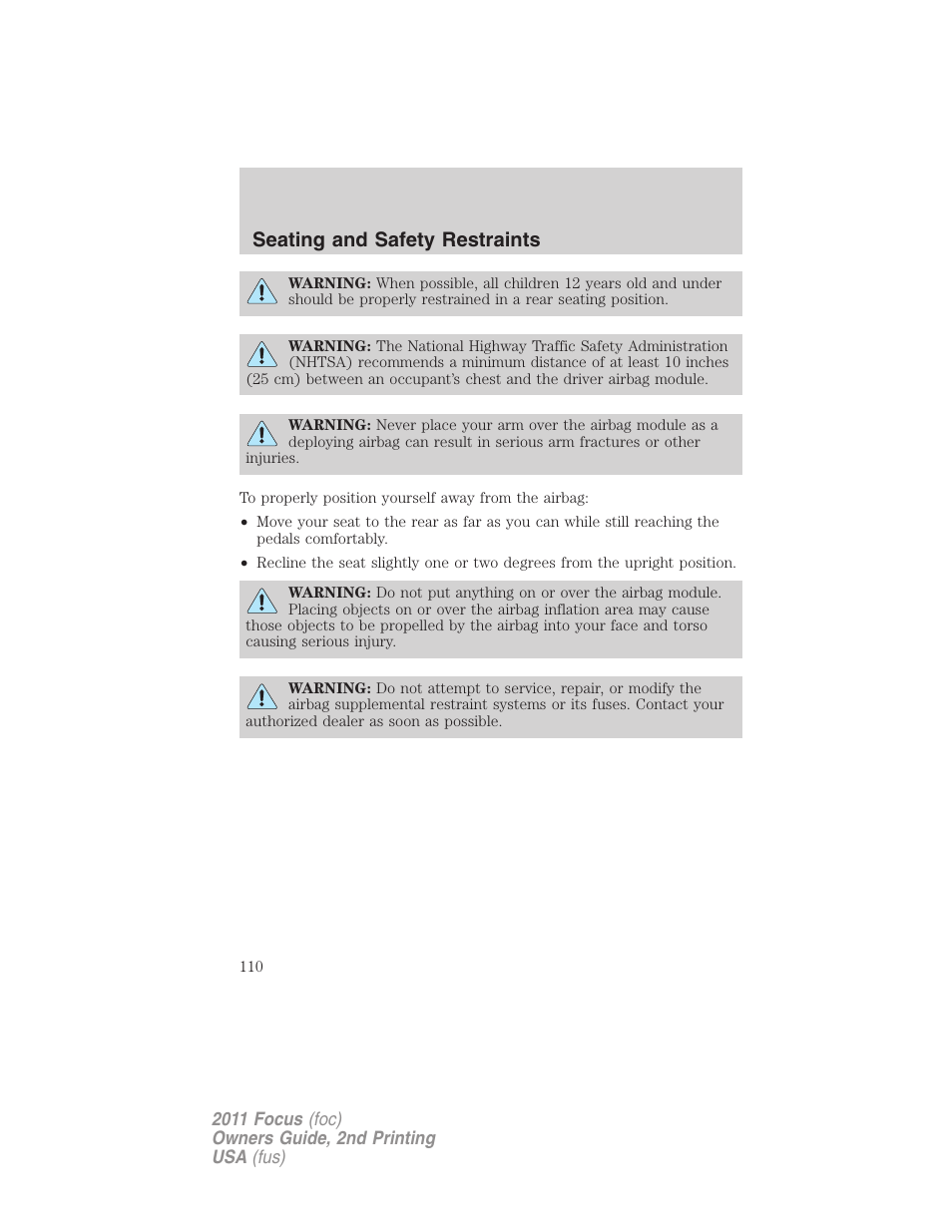 Seating and safety restraints | FORD 2011 Focus v.2 User Manual | Page 110 / 301