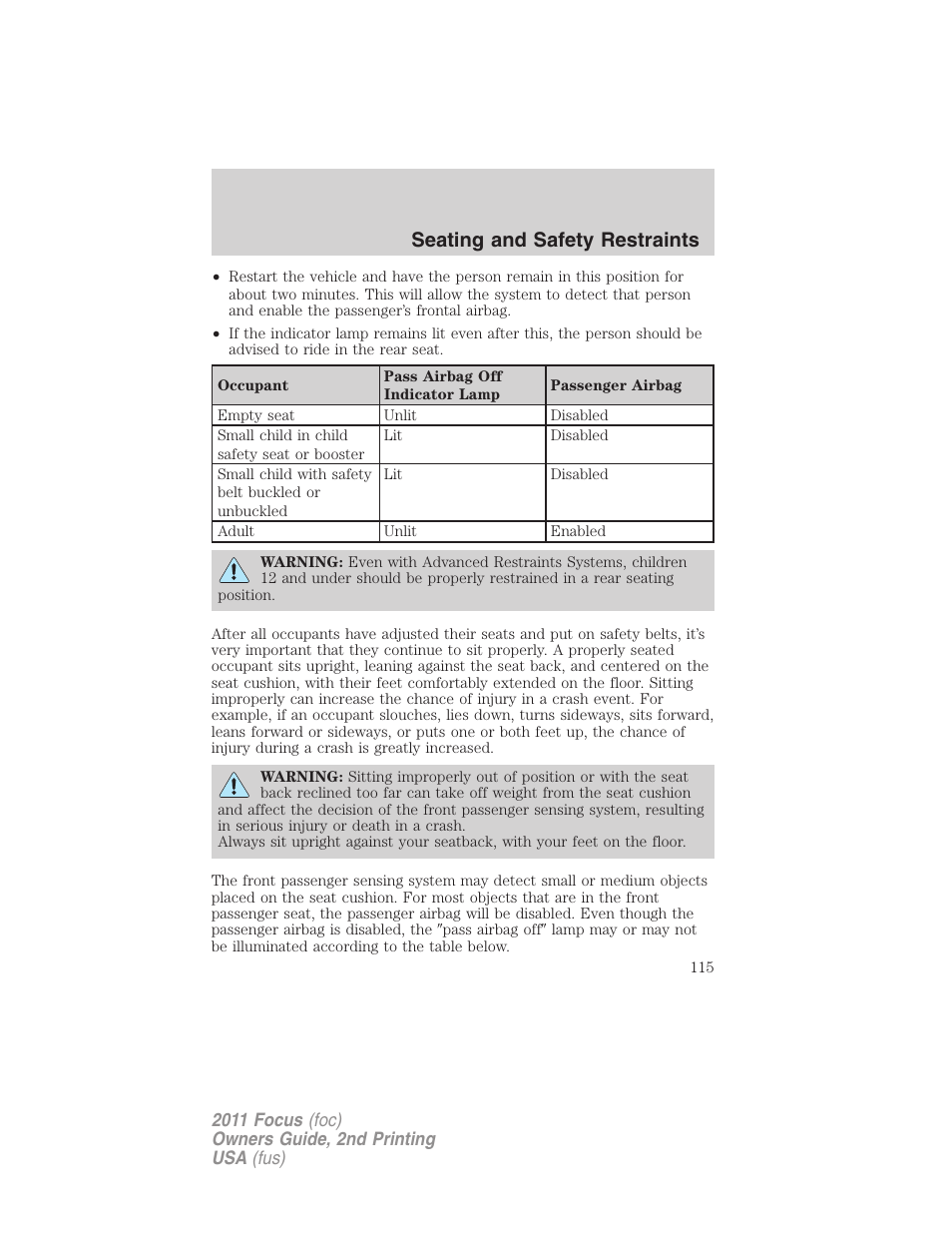 Seating and safety restraints | FORD 2011 Focus v.2 User Manual | Page 115 / 301