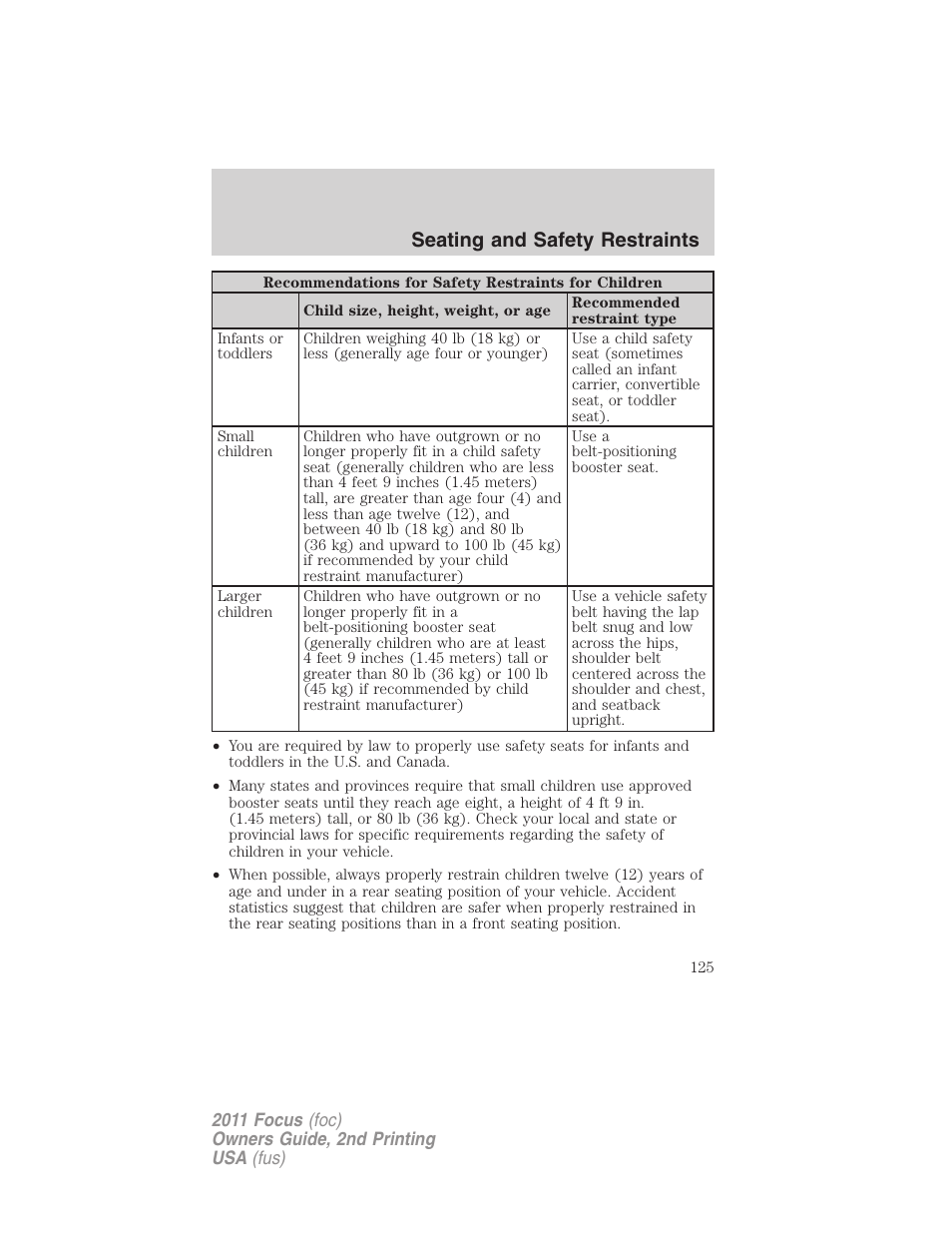 Seating and safety restraints | FORD 2011 Focus v.2 User Manual | Page 125 / 301