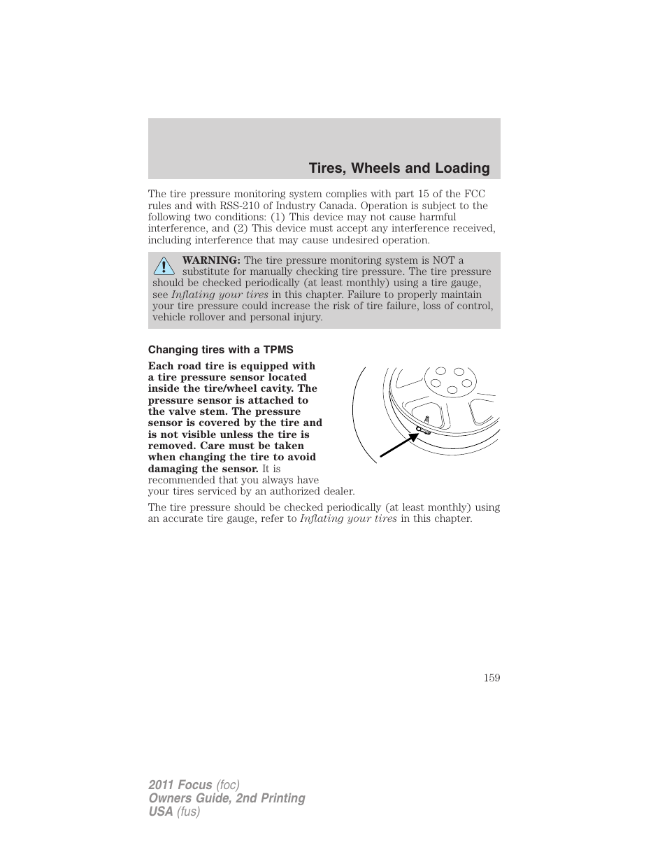 Changing tires with a tpms, Tires, wheels and loading | FORD 2011 Focus v.2 User Manual | Page 159 / 301