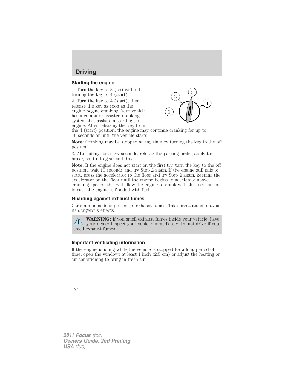 Starting the engine, Guarding against exhaust fumes, Important ventilating information | Driving | FORD 2011 Focus v.2 User Manual | Page 174 / 301