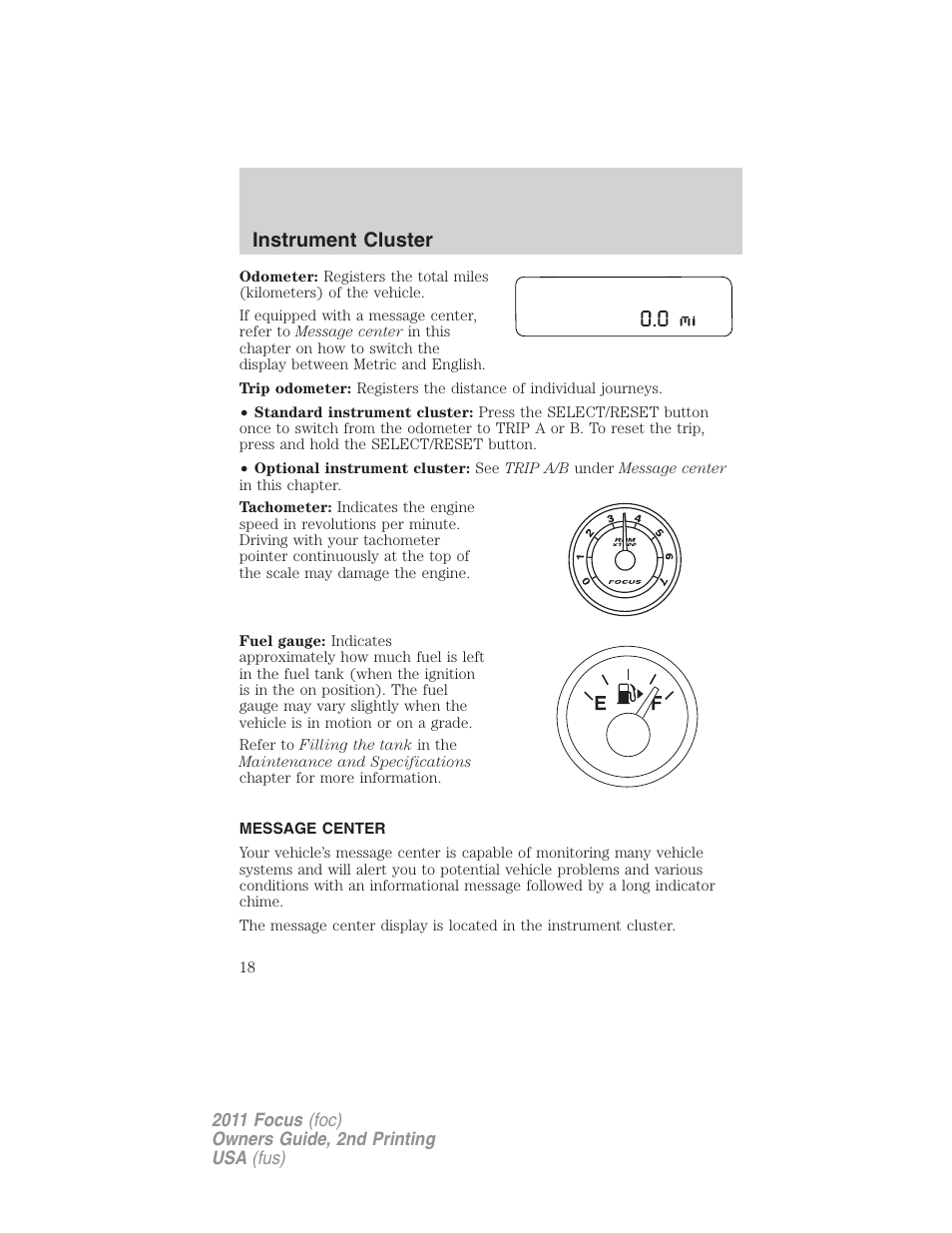 Message center, Instrument cluster | FORD 2011 Focus v.2 User Manual | Page 18 / 301