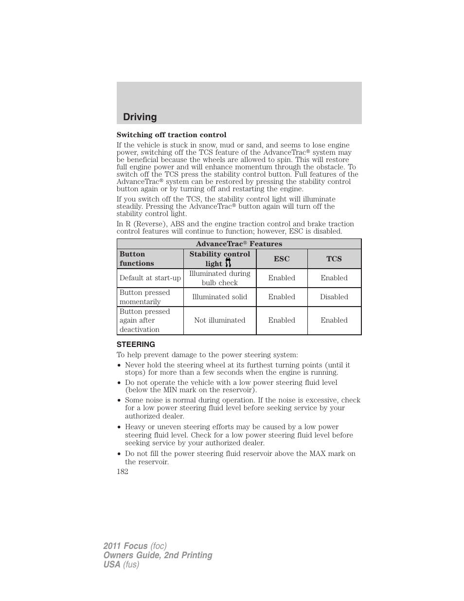 Steering, Driving | FORD 2011 Focus v.2 User Manual | Page 182 / 301