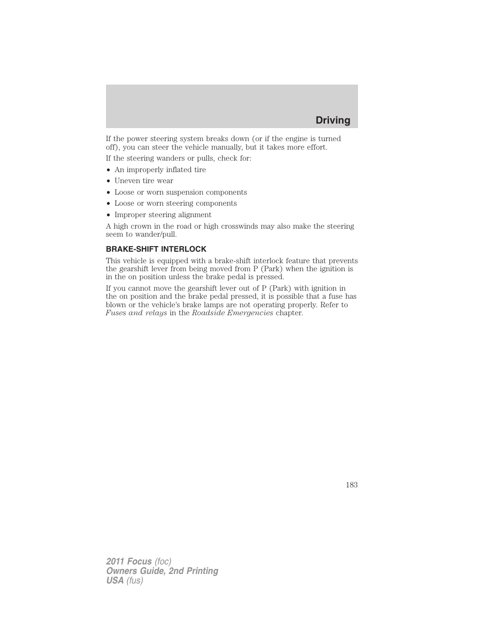 Brake-shift interlock, Driving | FORD 2011 Focus v.2 User Manual | Page 183 / 301