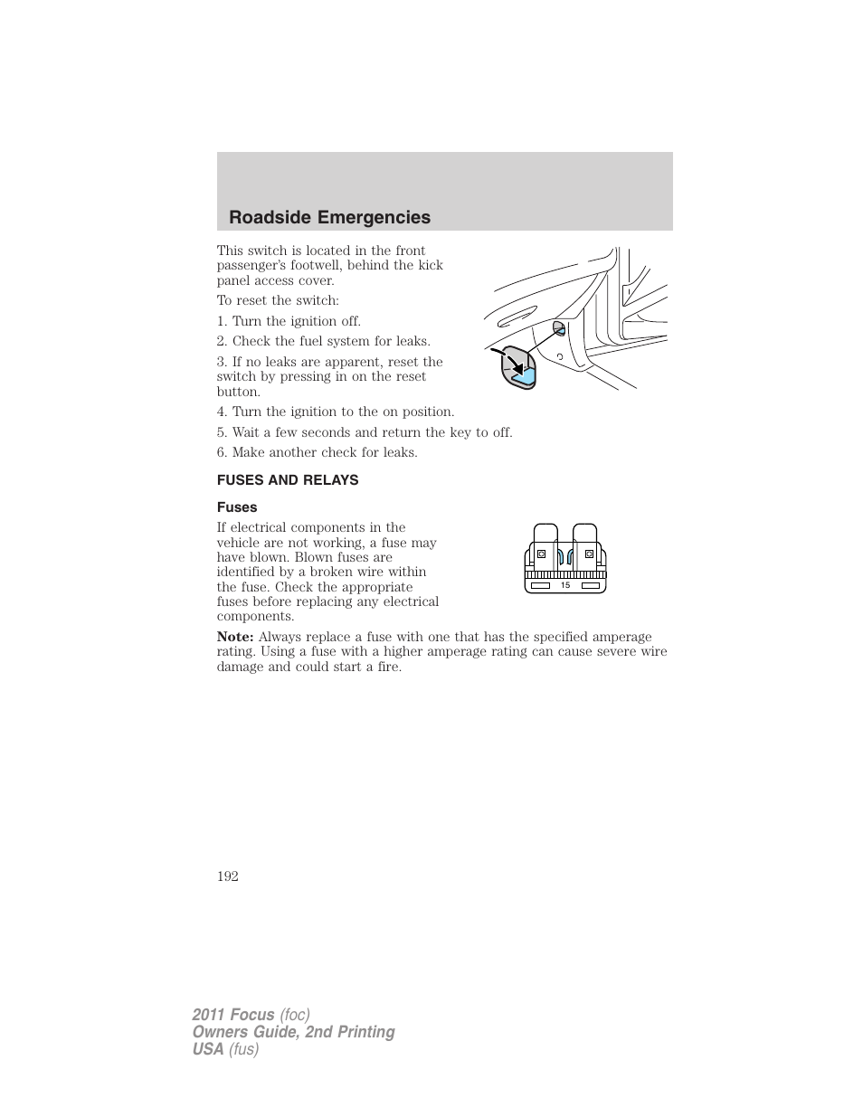 Fuses and relays, Fuses, Roadside emergencies | FORD 2011 Focus v.2 User Manual | Page 192 / 301