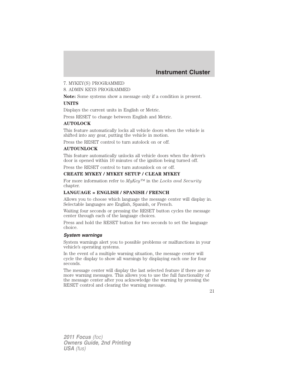 System warnings, Instrument cluster | FORD 2011 Focus v.2 User Manual | Page 21 / 301