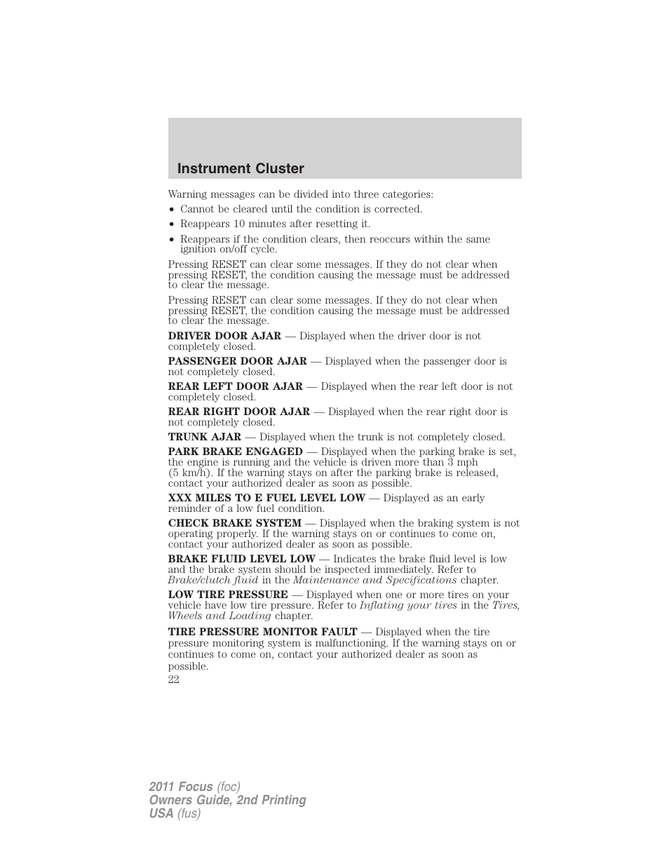 Instrument cluster | FORD 2011 Focus v.2 User Manual | Page 22 / 301