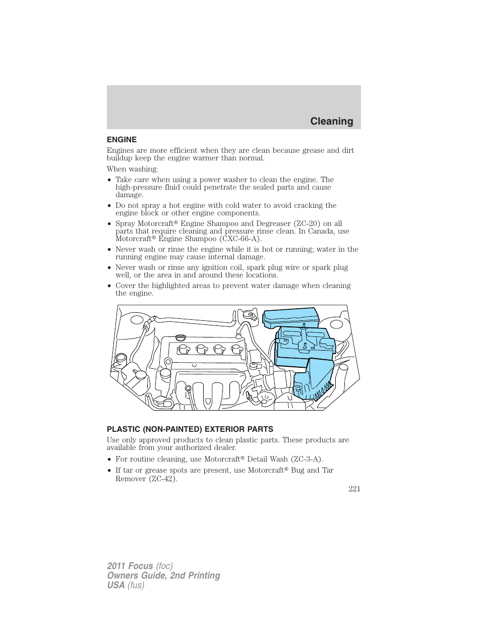 Engine, Plastic (non-painted) exterior parts, Cleaning | FORD 2011 Focus v.2 User Manual | Page 221 / 301