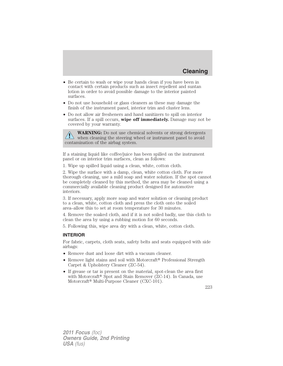 Interior, Cleaning | FORD 2011 Focus v.2 User Manual | Page 223 / 301